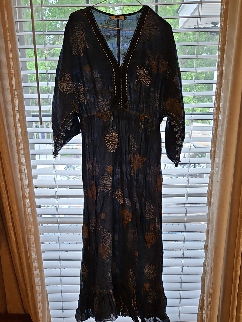 Dolma Boho V-Neck Long Dress in Blue with Beaded Gold Sea Coral Print